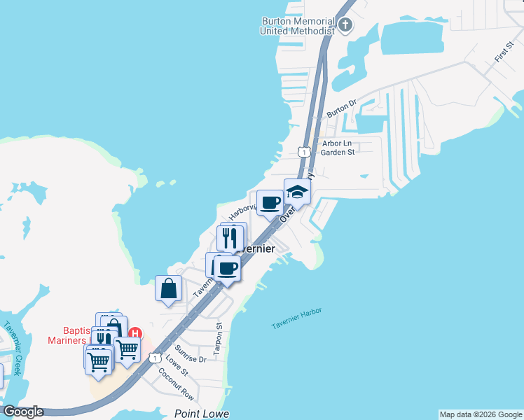 map of restaurants, bars, coffee shops, grocery stores, and more near 127 Harborview Drive in Tavernier