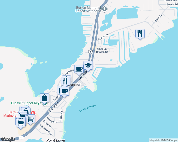 map of restaurants, bars, coffee shops, grocery stores, and more near 92295 Overseas Highway in Tavernier
