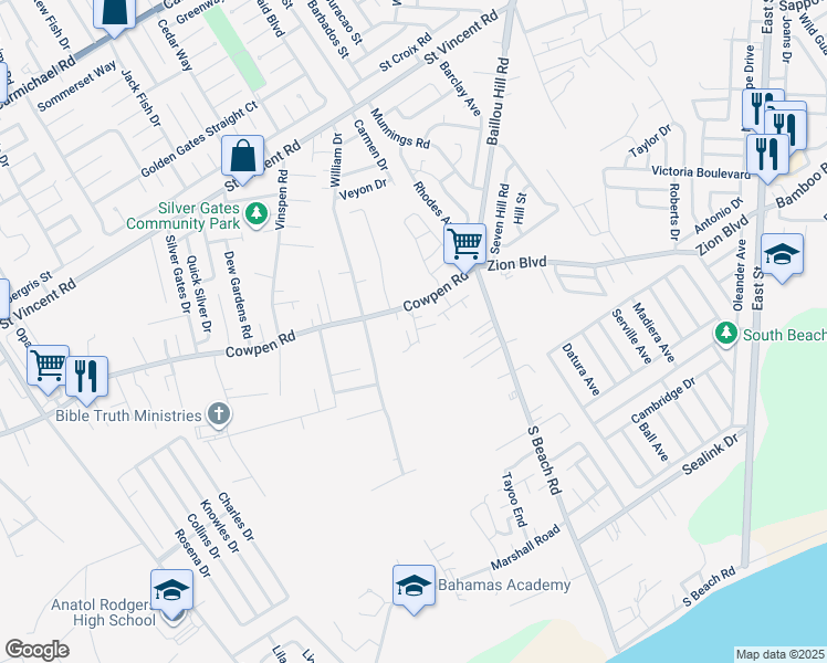 map of restaurants, bars, coffee shops, grocery stores, and more near Cowpen Road in Nassau