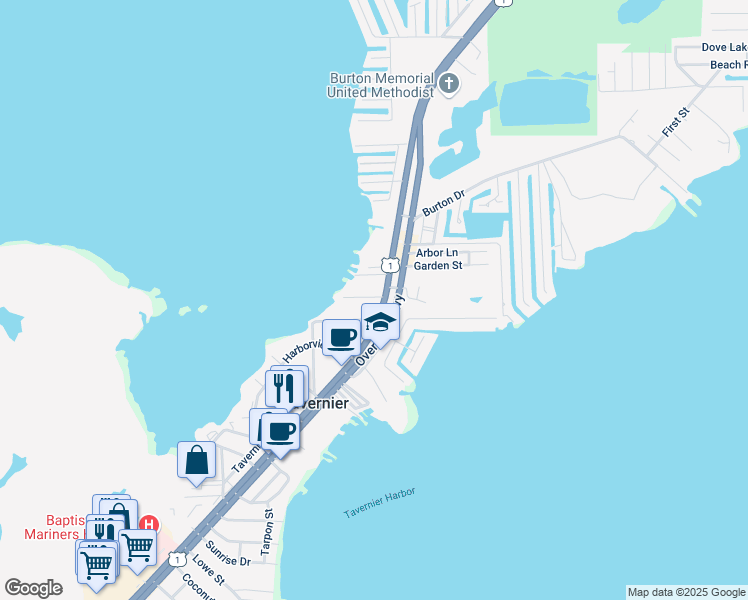 map of restaurants, bars, coffee shops, grocery stores, and more near 131-135 Ellis Drive in Tavernier