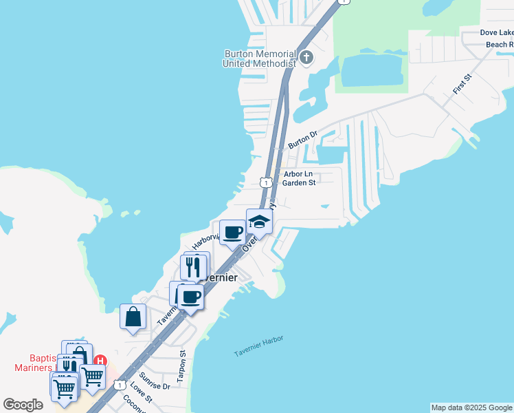 map of restaurants, bars, coffee shops, grocery stores, and more near 131-135 Ellis Drive in Tavernier