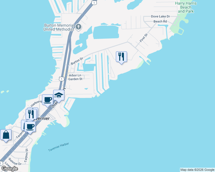 map of restaurants, bars, coffee shops, grocery stores, and more near 265 Normandy Drive in Tavernier