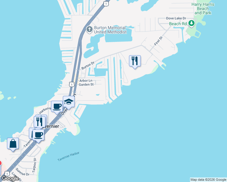map of restaurants, bars, coffee shops, grocery stores, and more near 278 Burgundy Drive in Tavernier