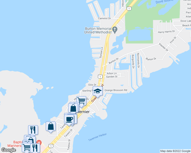 map of restaurants, bars, coffee shops, grocery stores, and more near 92550 Overseas Highway in Tavernier