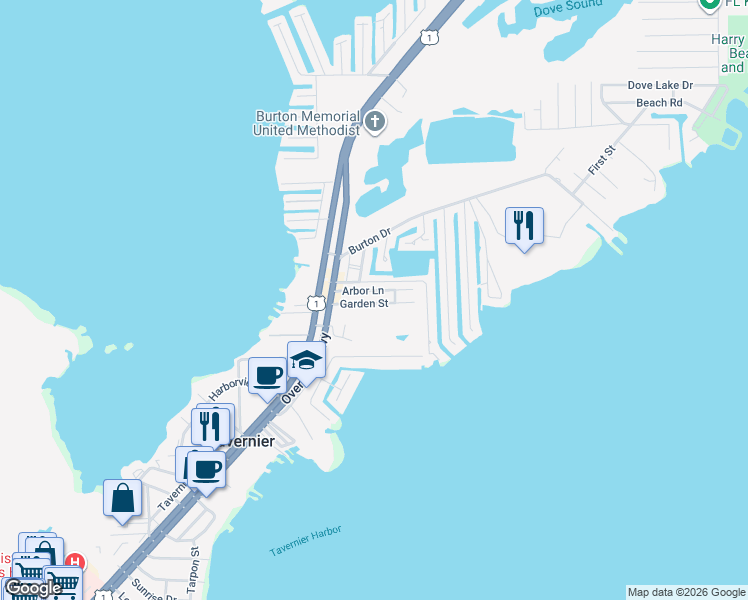 map of restaurants, bars, coffee shops, grocery stores, and more near 151 Garden St in Tavernier