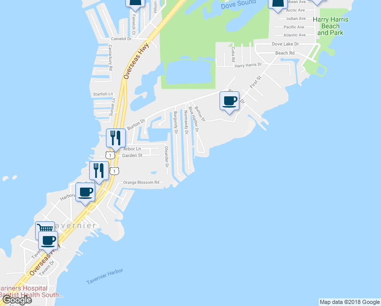 map of restaurants, bars, coffee shops, grocery stores, and more near 225 Normandy Drive in Tavernier