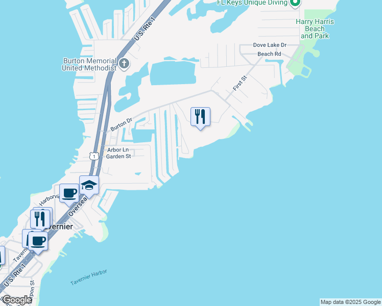 map of restaurants, bars, coffee shops, grocery stores, and more near 151 Blue Harbor Drive in Tavernier