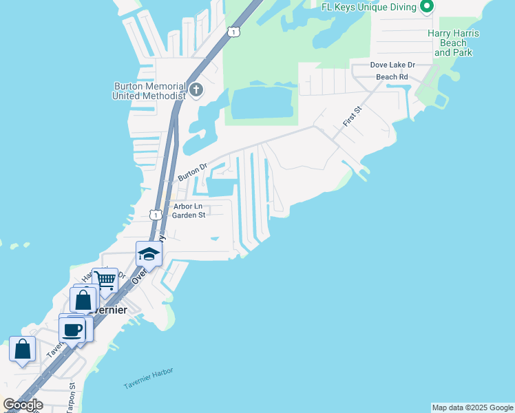 map of restaurants, bars, coffee shops, grocery stores, and more near 265 Normandy Drive in Tavernier