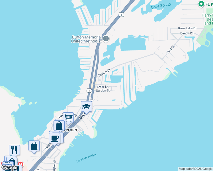 map of restaurants, bars, coffee shops, grocery stores, and more near 151 Garden St in Tavernier