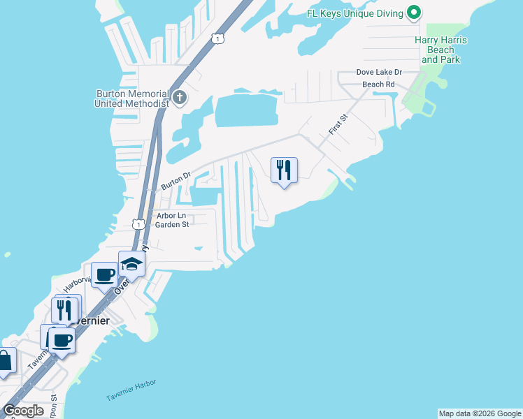 map of restaurants, bars, coffee shops, grocery stores, and more near 265 Normandy Drive in Tavernier