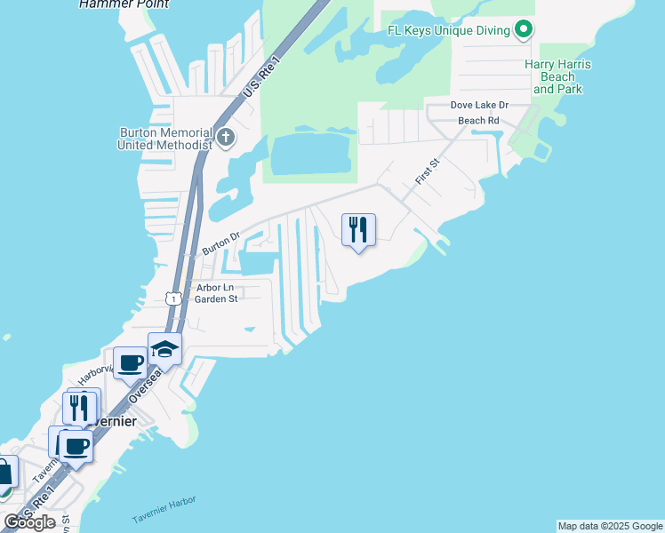 map of restaurants, bars, coffee shops, grocery stores, and more near 171 Blue Harbor Drive in Tavernier