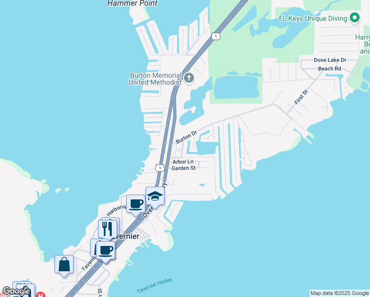 map of restaurants, bars, coffee shops, grocery stores, and more near 116 Sable Palm Lane in Tavernier