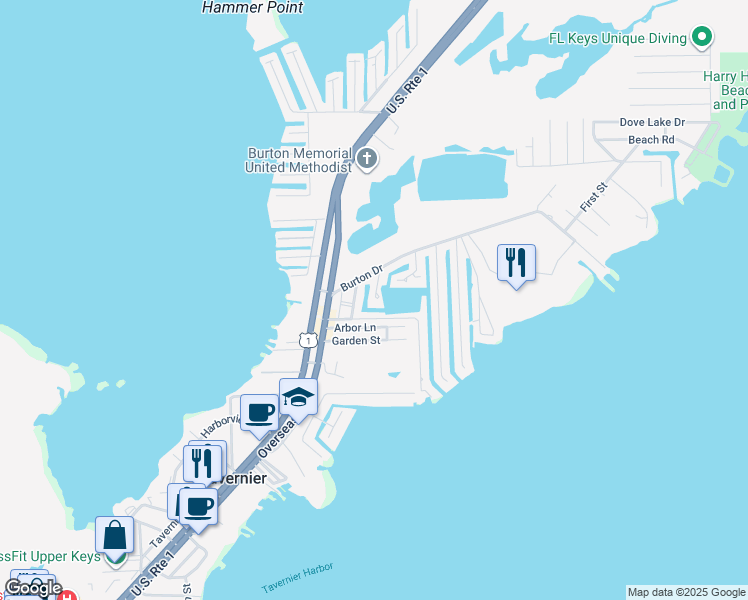 map of restaurants, bars, coffee shops, grocery stores, and more near 116 Sable Palm Lane in Tavernier