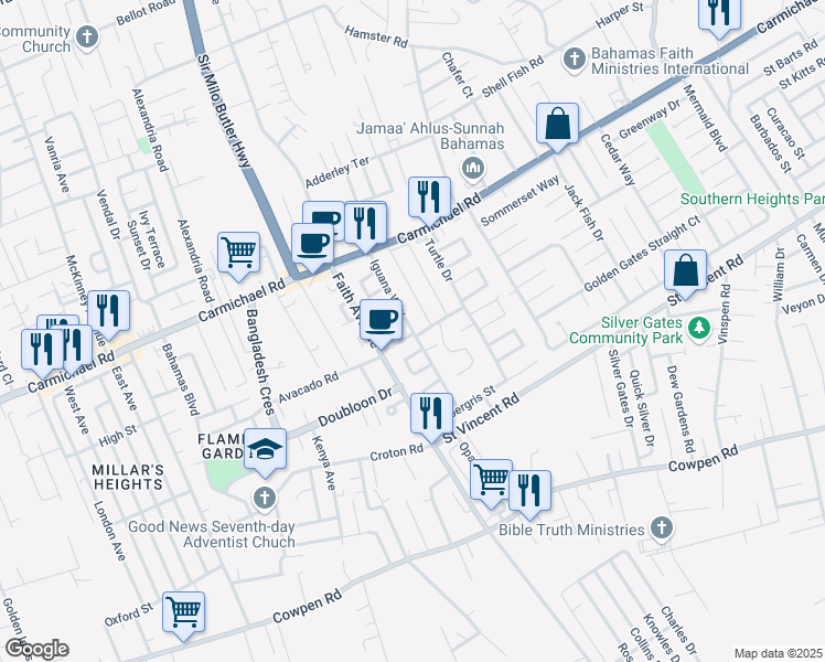 map of restaurants, bars, coffee shops, grocery stores, and more near Iguana Way in Nassau