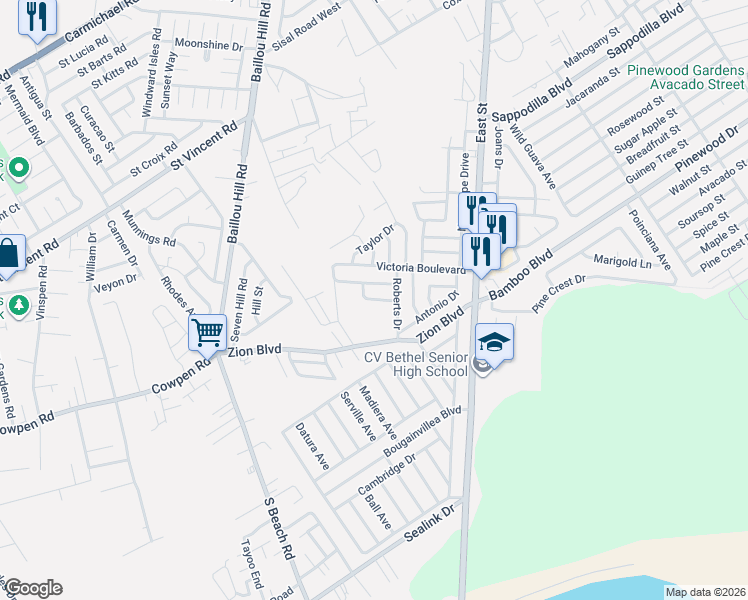 map of restaurants, bars, coffee shops, grocery stores, and more near First Holiness Way in Nassau