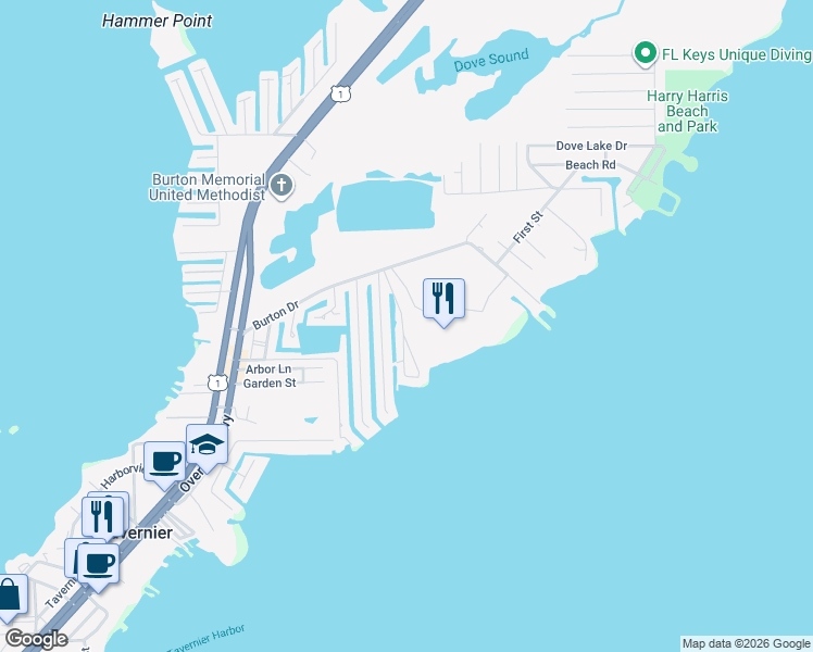 map of restaurants, bars, coffee shops, grocery stores, and more near 173 Normandy Drive in Tavernier