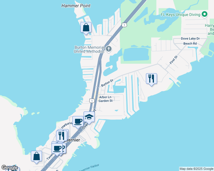 map of restaurants, bars, coffee shops, grocery stores, and more near 116 Sable Palm Lane in Tavernier