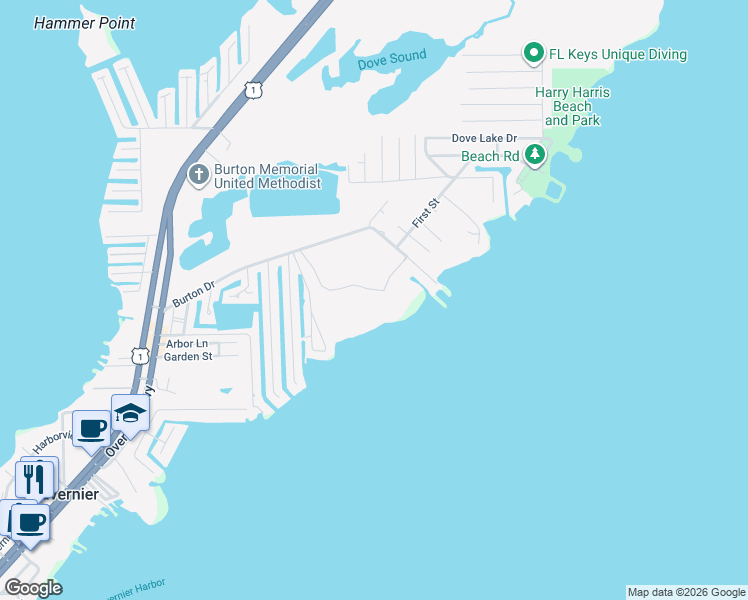 map of restaurants, bars, coffee shops, grocery stores, and more near 500 Burton Drive in Tavernier