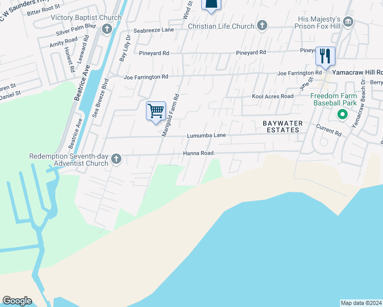 map of restaurants, bars, coffee shops, grocery stores, and more near Hanna Road. in Nassau