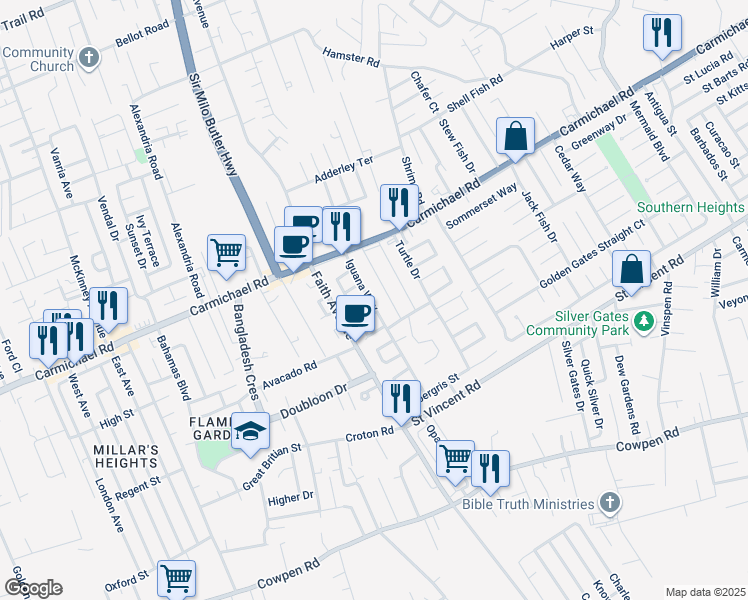 map of restaurants, bars, coffee shops, grocery stores, and more near Iguana Way in Nassau