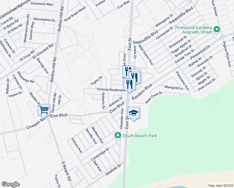 map of restaurants, bars, coffee shops, grocery stores, and more near New Hope Drive in Nassau