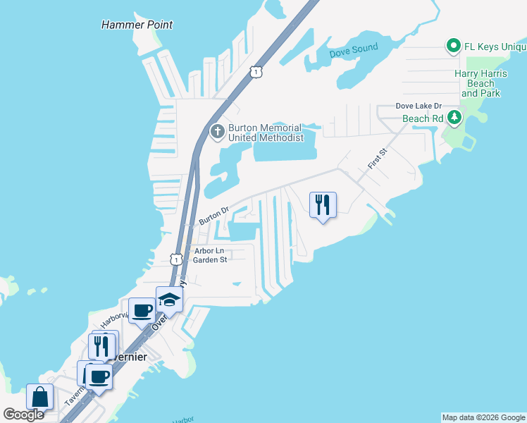 map of restaurants, bars, coffee shops, grocery stores, and more near 118 Burgundy Drive in Tavernier