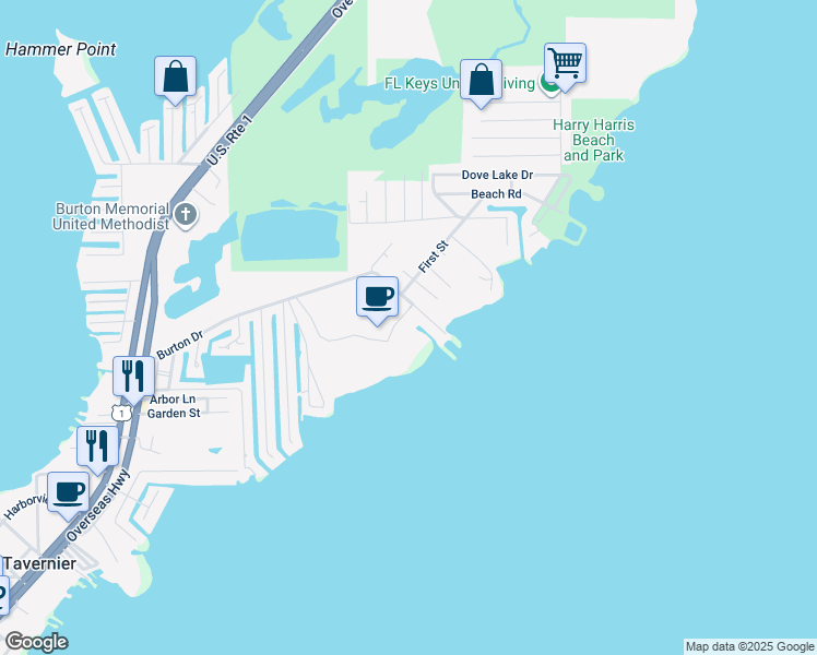 map of restaurants, bars, coffee shops, grocery stores, and more near 500 Burton Drive in Tavernier