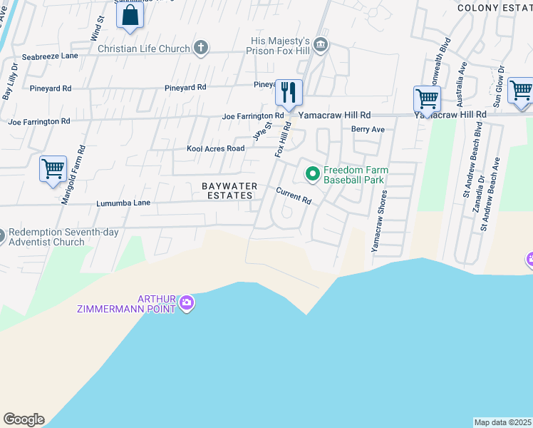 map of restaurants, bars, coffee shops, grocery stores, and more near Fox Hill Road in Nassau