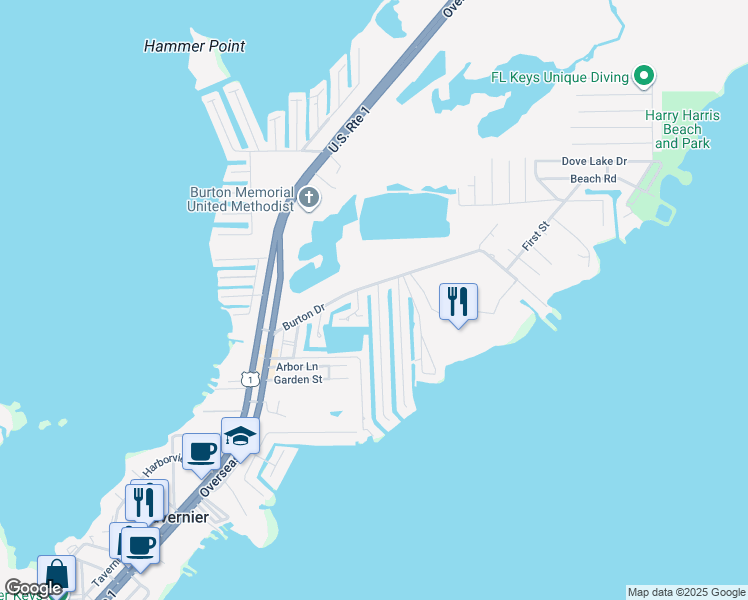 map of restaurants, bars, coffee shops, grocery stores, and more near 118 Burgundy Drive in Tavernier