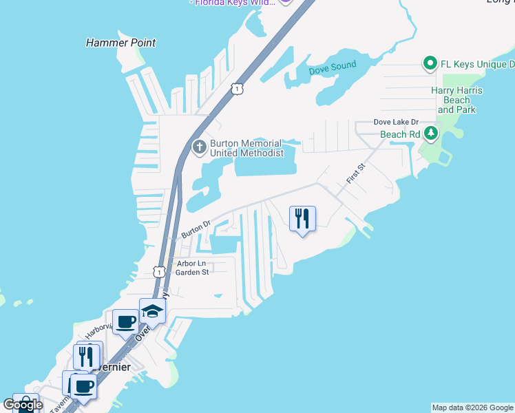 map of restaurants, bars, coffee shops, grocery stores, and more near 117 Normandy Drive in Tavernier