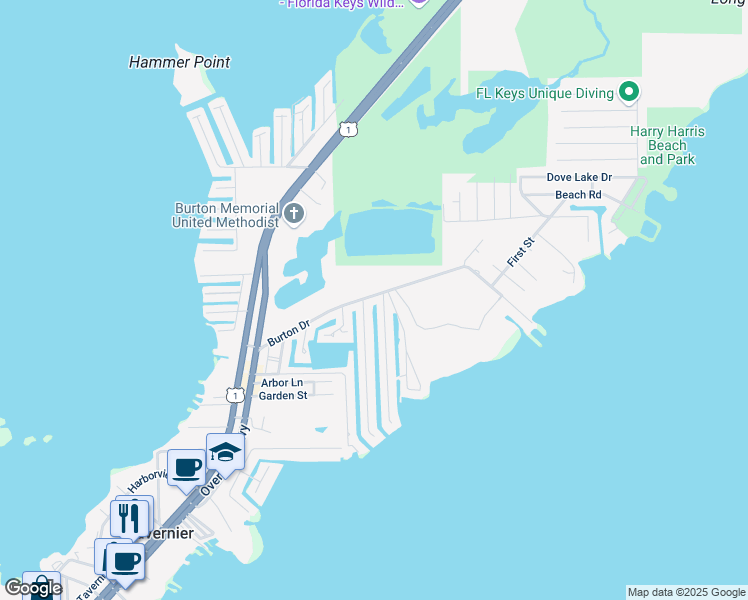 map of restaurants, bars, coffee shops, grocery stores, and more near 118 Burgundy Drive in Tavernier