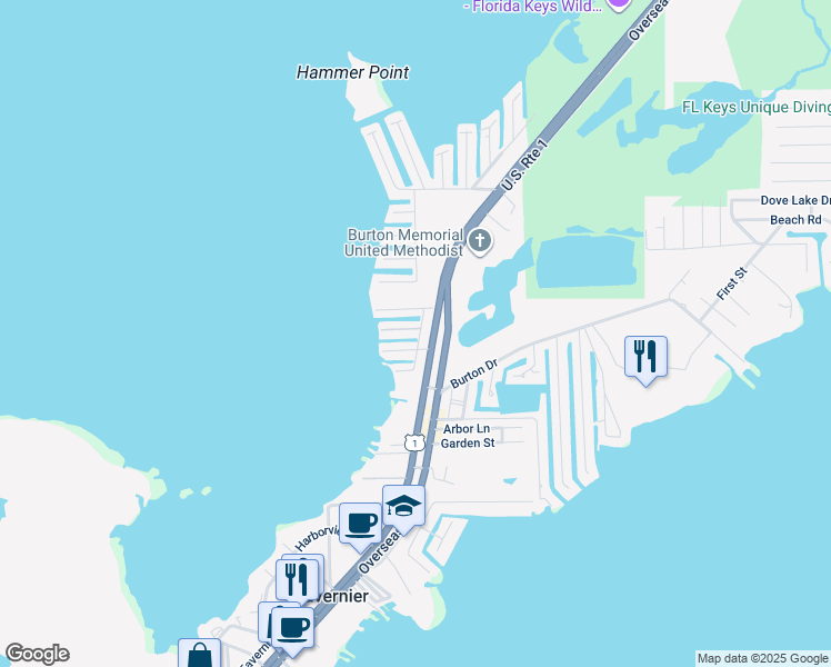 map of restaurants, bars, coffee shops, grocery stores, and more near 101 Mangrove Lane in Tavernier