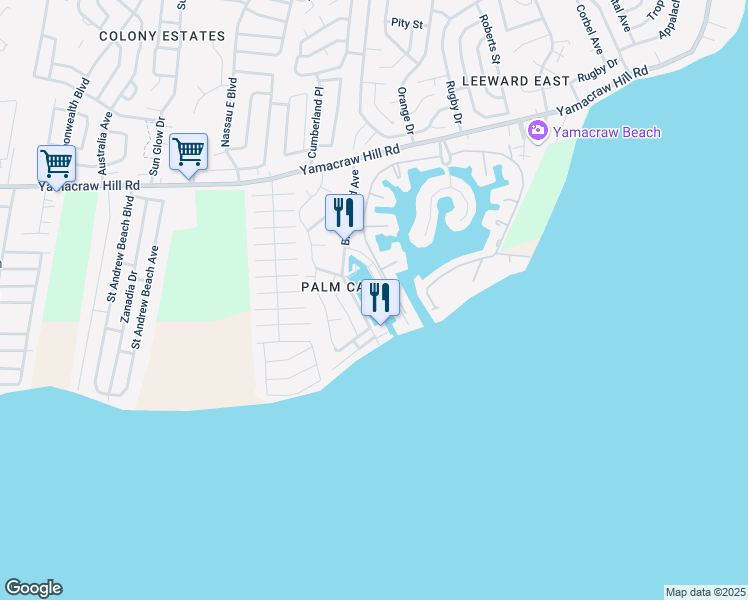 map of restaurants, bars, coffee shops, grocery stores, and more near Yamacraw Hill Road in Nassau