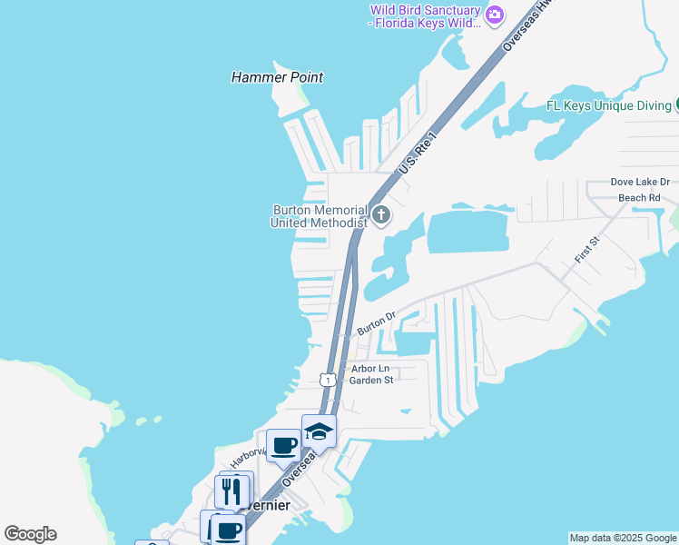 map of restaurants, bars, coffee shops, grocery stores, and more near 172 Sunset Lane in Tavernier