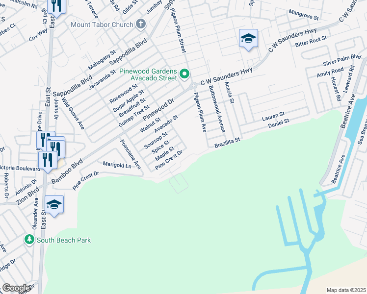 map of restaurants, bars, coffee shops, grocery stores, and more near Maple Street in Nassau