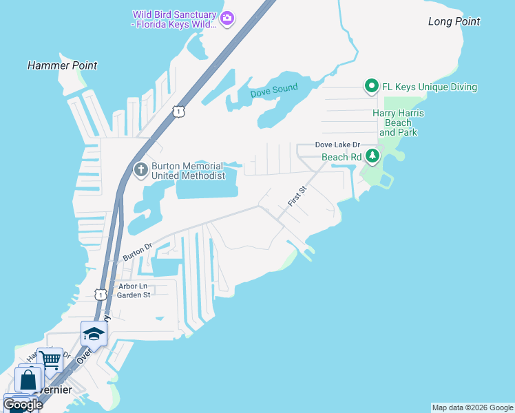 map of restaurants, bars, coffee shops, grocery stores, and more near 1202 Burton Drive in Tavernier