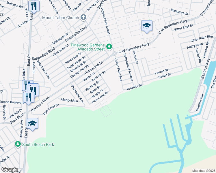 map of restaurants, bars, coffee shops, grocery stores, and more near Maple Street in Nassau