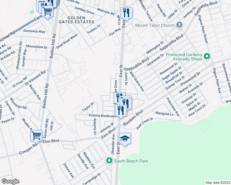 map of restaurants, bars, coffee shops, grocery stores, and more near New Hope Drive in Nassau
