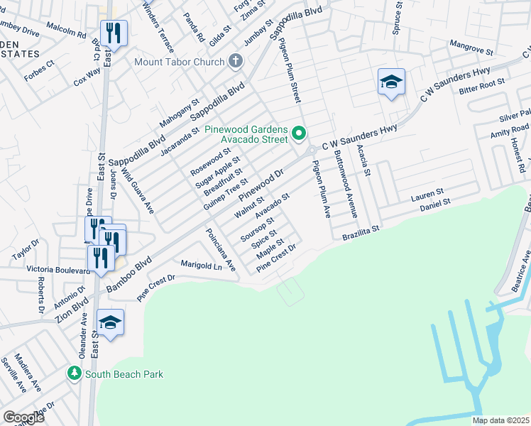 map of restaurants, bars, coffee shops, grocery stores, and more near Soursop Street in Nassau
