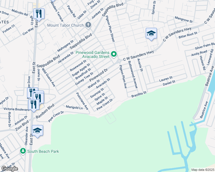 map of restaurants, bars, coffee shops, grocery stores, and more near Soursop Street in Nassau