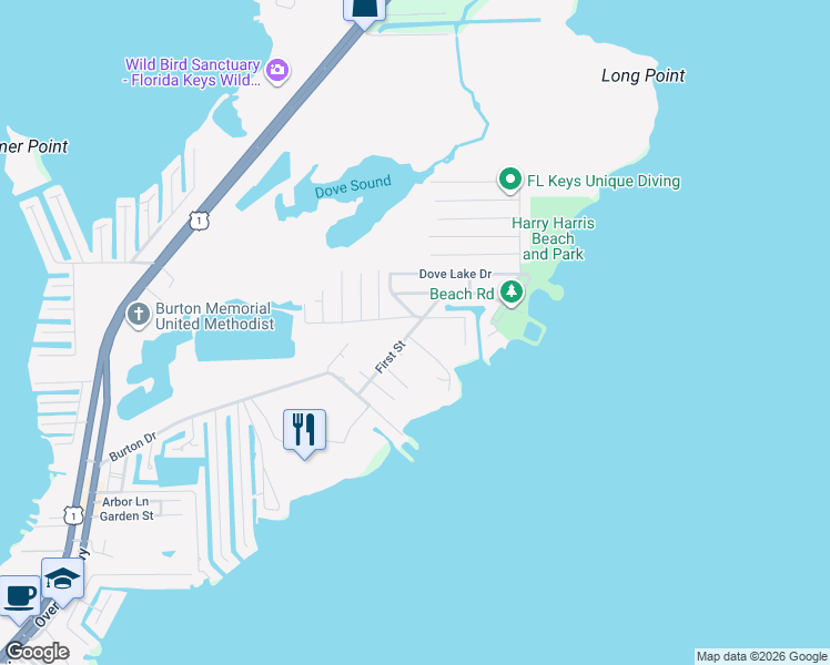 map of restaurants, bars, coffee shops, grocery stores, and more near 212 First Street in Tavernier
