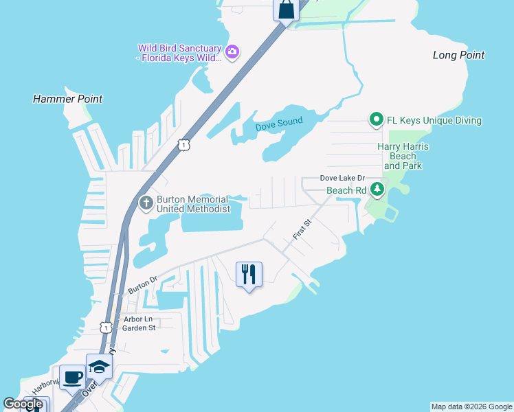 map of restaurants, bars, coffee shops, grocery stores, and more near 222 Antigua Road in Tavernier