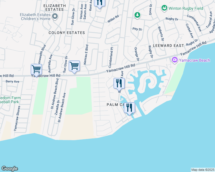 map of restaurants, bars, coffee shops, grocery stores, and more near Yamacraw Hill Road in Nassau