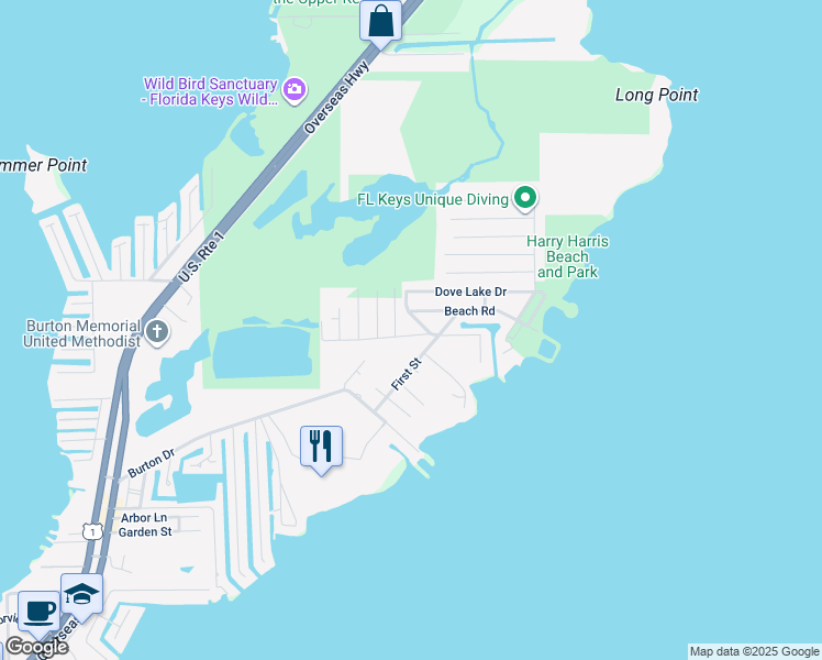 map of restaurants, bars, coffee shops, grocery stores, and more near 488 Beach Road in Tavernier