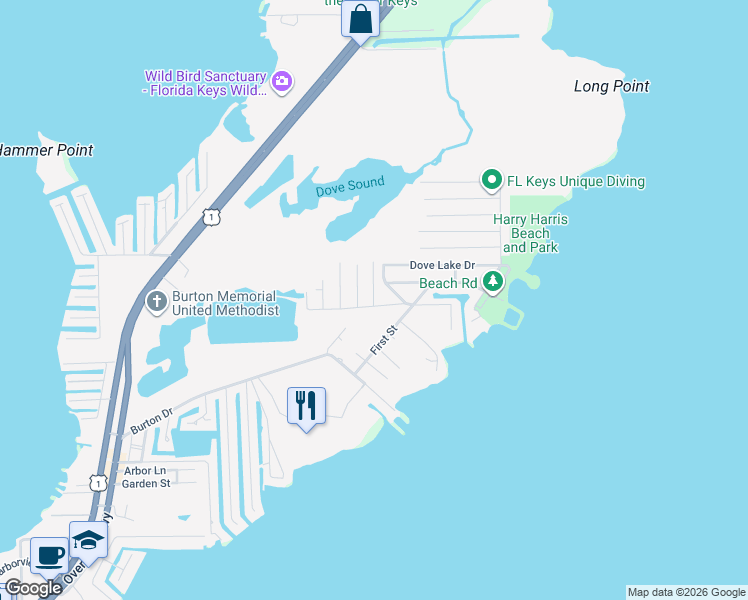map of restaurants, bars, coffee shops, grocery stores, and more near 216 Hispanola Road in Tavernier