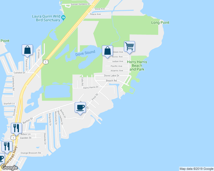 map of restaurants, bars, coffee shops, grocery stores, and more near 570 Beach Road in Tavernier