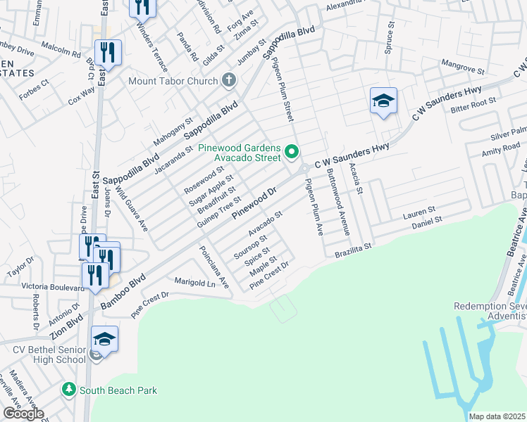 map of restaurants, bars, coffee shops, grocery stores, and more near Walnut Street in Nassau