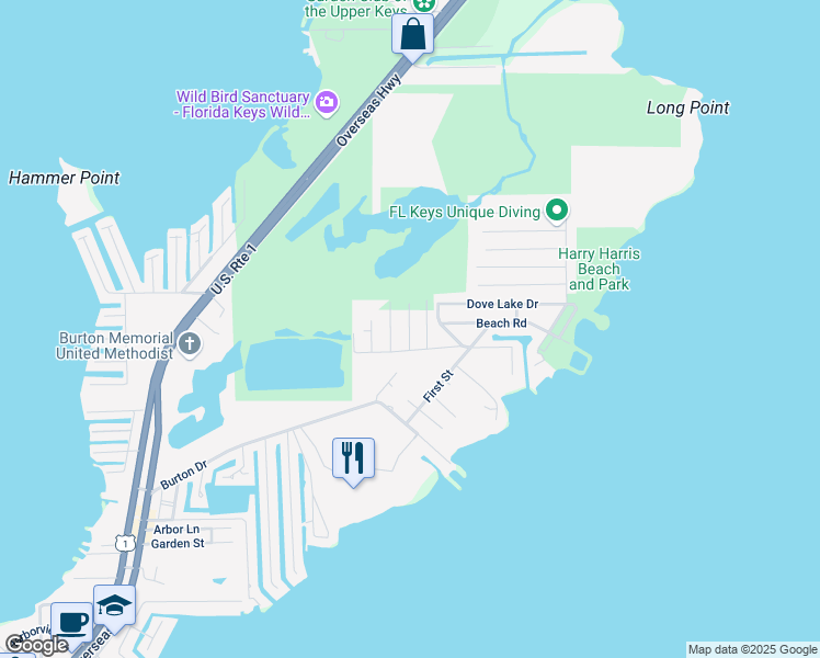 map of restaurants, bars, coffee shops, grocery stores, and more near 216 Hispanola Road in Tavernier