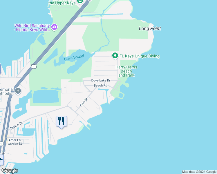 map of restaurants, bars, coffee shops, grocery stores, and more near 598 Beach Road in Tavernier