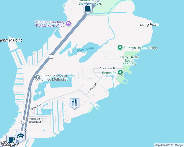 map of restaurants, bars, coffee shops, grocery stores, and more near 216 Hispanola Road in Tavernier